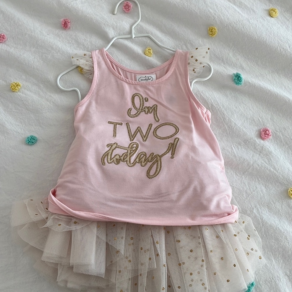Little Girls 2T 2nd Birthday Tank & Glitter Dot Mesh Tutu 2-PIece Set Neber